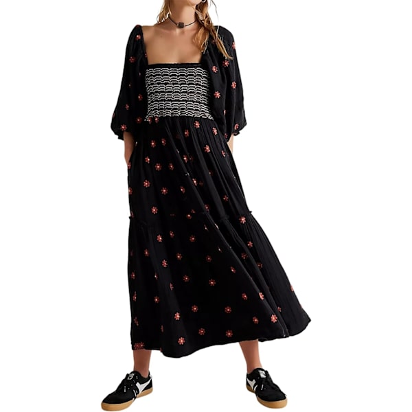 ivimos Dam långärmad bomull Boho Midiklänning Vintage fyrkantig hals Blommig broderad Tiered Ruffle Flowy fickor Dre Svart Stor