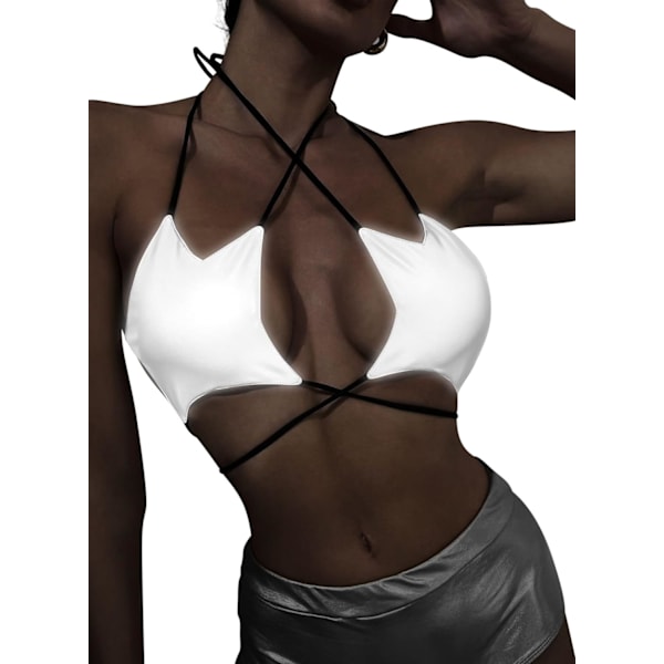 e Star Top för kvinnor - Sexig Halter Party Dance Bra Rygglös Strappy Crisscross Wrap Tie Musikfestival Outfit Silver Small