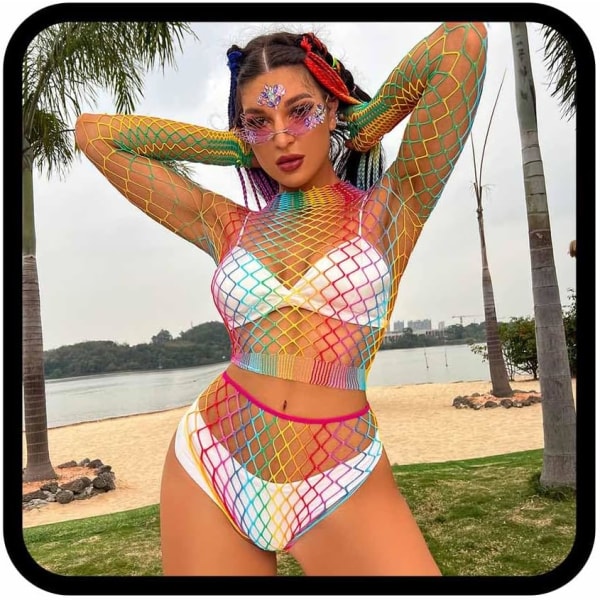 et Rainbow Fishnet Bodystockings Mesh Fishnet Bodysuit Elastic Fishnet Lingerie Rave Party Bodysuit för kvinnor och flickor B-set 1