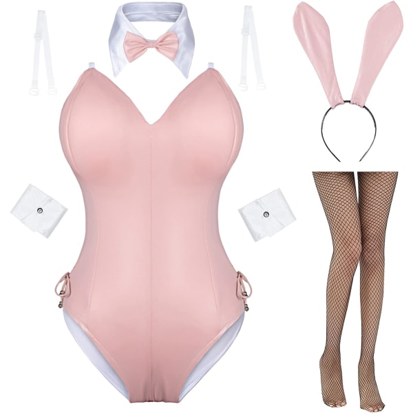 sv Bunny Girl Senpai Cosplay Anime Rolldräkt One Piece Bodysuit Strumpor Set Rosa-avtagbar Stor