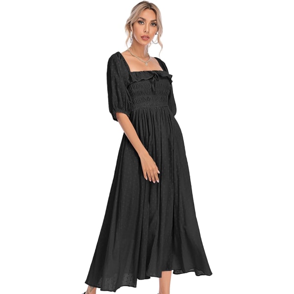 ivimos Dam Sommar Halv Ärm Bomull Volang Vintage Elegant Rygglös A Linje Flytande Långa Klänningar Svart-1 Stor