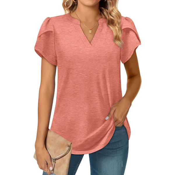 ens Sommartoppar V-ringad volang Korta ärmar Lös passform Mode Csual T-shirts 01-rosa Liten