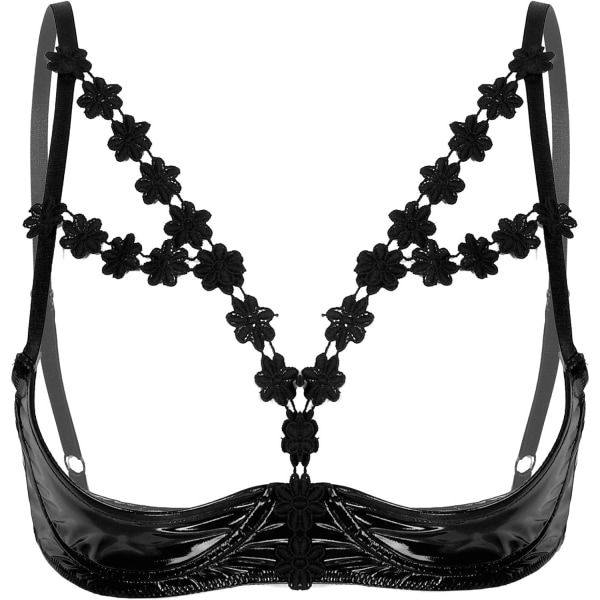Kvinnor Blomspets Trimning Lack Läder Bustier Under-Wired Bikini BH Underkläder  Large