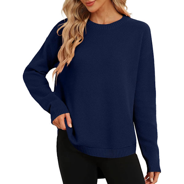 MOON Dam Crewneck Långärmad Stickad Tröja Lös Passform Mjuk Solid Pullover Marinblå X-Large