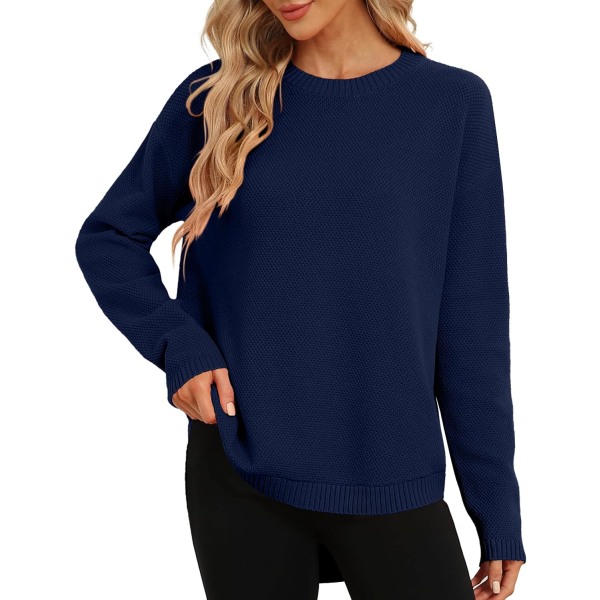 MOON Kvinnor Crewneck Långärmad stickad tröja Loose Fit Mjuk Solid Pullover Marinblå X-Large