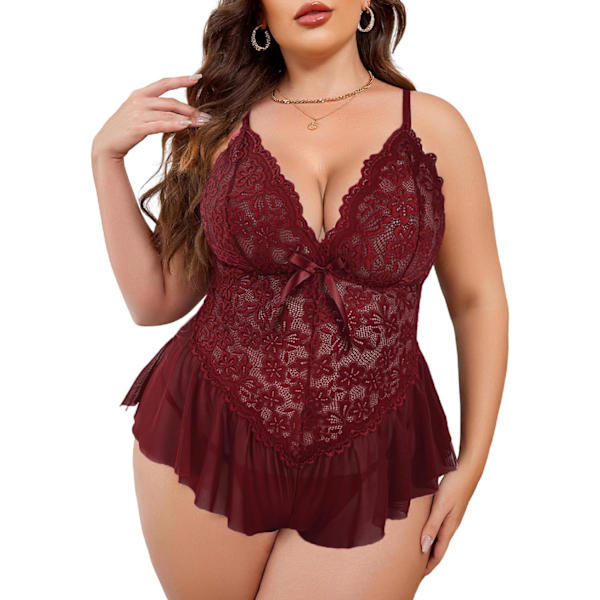 dlove Plus Size Lingerie för kvinnor Spets Bodysuit One Piece Teddy Babydoll Mesh Chemise V-ringad Nattkläder L-4XL Bourgogne XX-Large