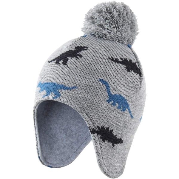 racy Baby Toddler Boys Girls Vinterhattar Varm Fleece Fodrad Öronlapp Mössa Barn Pom Knit Hat Grå Dinosaurie Grå Dinosaurie 3-8 År