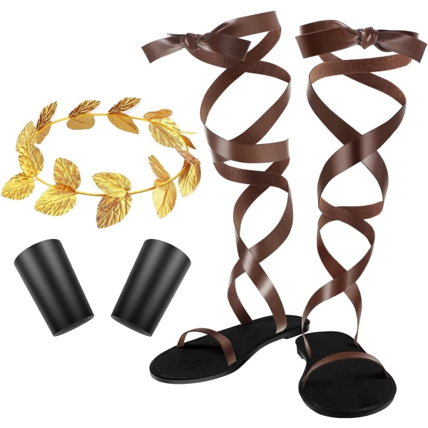 INIOR 3 delar Vuxen Toga romerska sandaler Guld Laurel Head Krans Läder Armband Set Blad Huvudbonad Sandaler Armband f 8 US