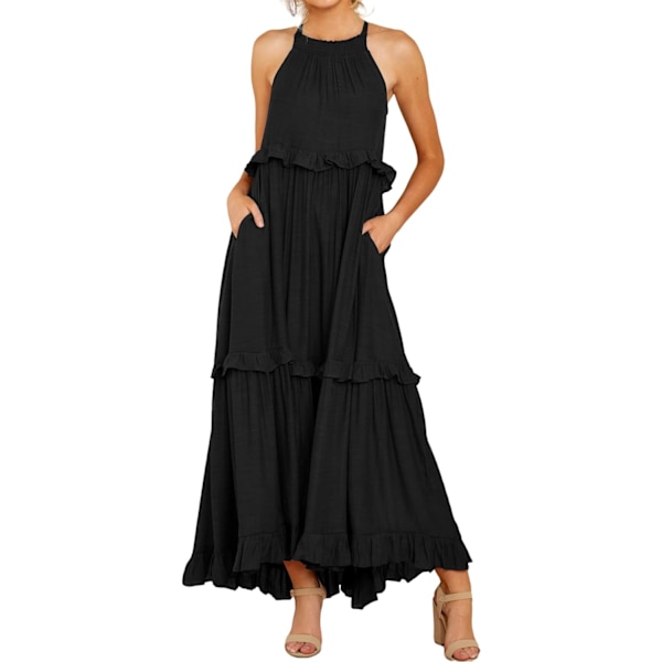 ivimos Sommarklänning i Bomull för Kvinnor, Ärmlös Halterneck, Flertaliga Volanger, Casual Boho Flytande Maxiklänning, Svart, Liten