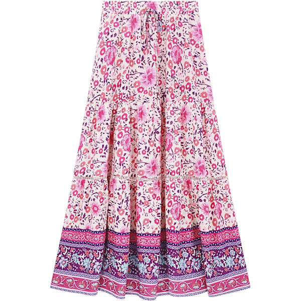 ivimos Dam Sommar Bomull Vintage Blommig Tryck Boho Casual Volang Flytande Maxikjol Vitrosa Liten