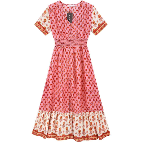 ivimos Dam Sommar Kortärmad Bomull Tryck Knapp Upp Bohemian Midiklänning Rosa X-Large