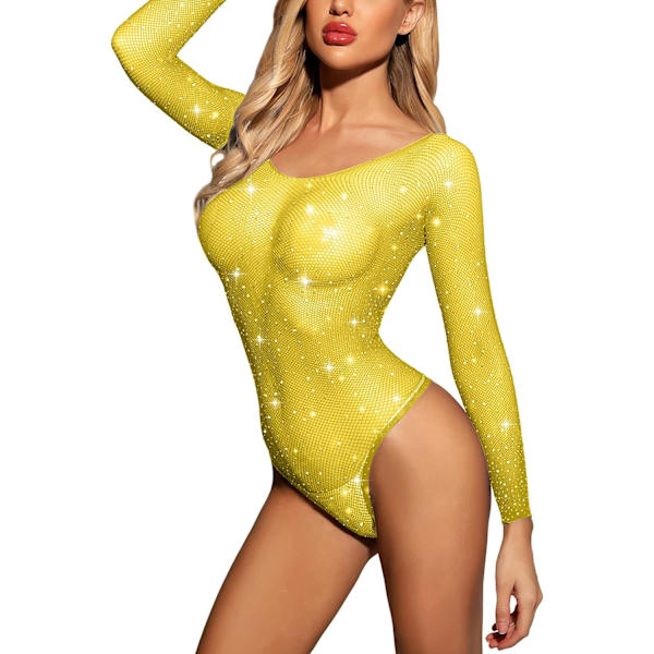OVE Damunderkläder Nätstrumpor Body Sparkle Rhinestone Sexig Mesh Teddy Lingerie Citron Gul One Size
