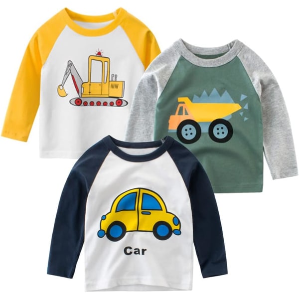 NS Toddler Boys 3-pack långärmad grävmaskin T-shirt 100 % bomull Basic Tops Bilskjorta Set-b 2T