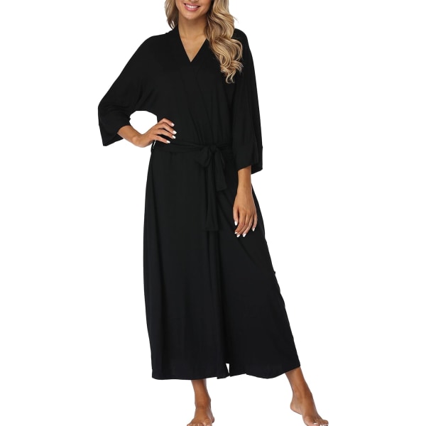Mjuk lång morgonrock i modal, omslagsmodell, lätt kimono, hel lång stickad badrock med fickor, svart, stor
