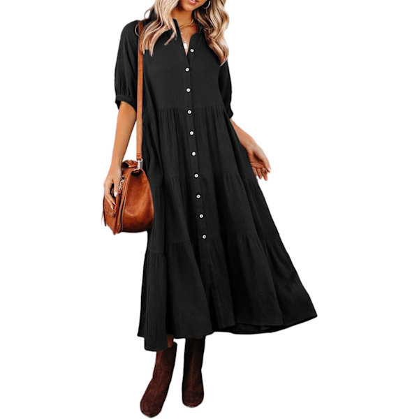 ivimos Dam Sommar Bomull Halv Ärmar Knapp Ned Casual Lös Slit Midi Klänning med Ficka Svart Liten