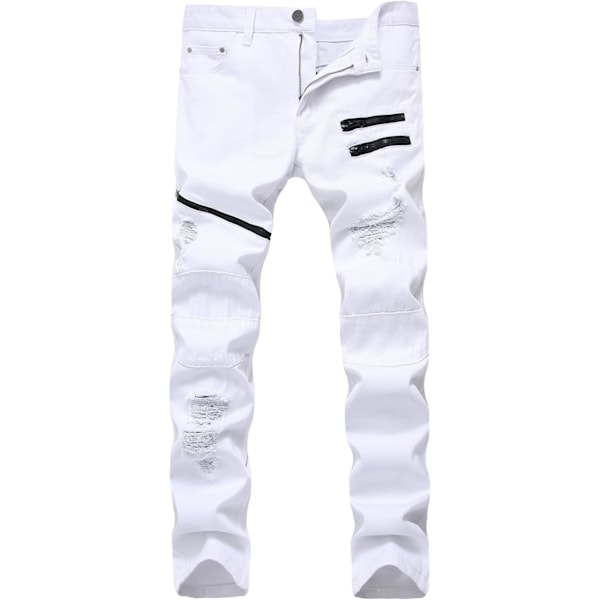 YUM Herr Distressed Slim Fit Biker Jeans Stretch Moto Denim Byxor