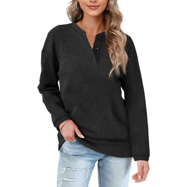 EFAN Dam Casual Sweatshirts Henley Button Up Långärmad Tunika Toppar 03-mörkgrå X-Large
