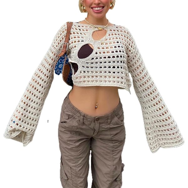 Kvinnor Y2K Virkad Kint Toppar Färgblock Långärmad Crop Tops Ihålig Fyrkantig Hals Tröja Skjorta