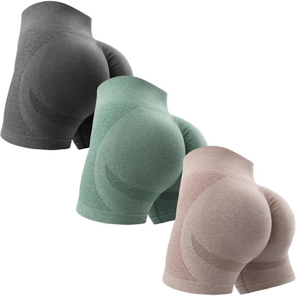 ORT 3-pack träningsshorts för kvinnor, sömlösa, rumplyftande, hög midja, yogashorts, booty-shorts, löparshorts, gröna/mörkgrå/ljusbruna, små