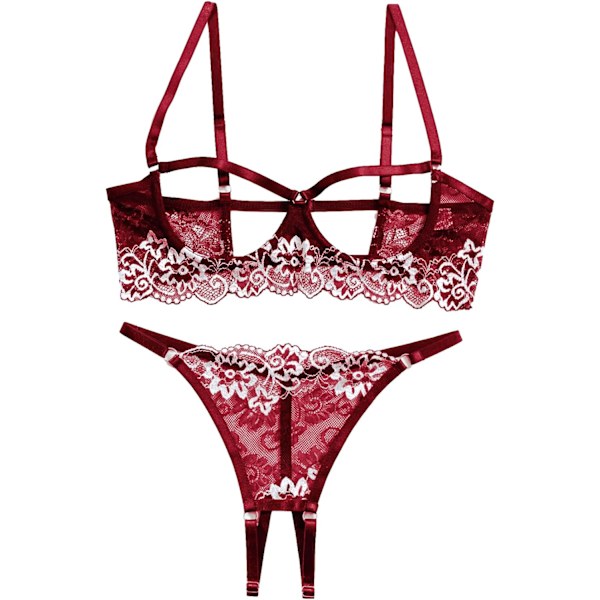 osy Sexig bygel blonderad spets genomskinlig underklädesset för kvinnor genomskinlig bh och trosa 2 delar blommig Bourgogne medium