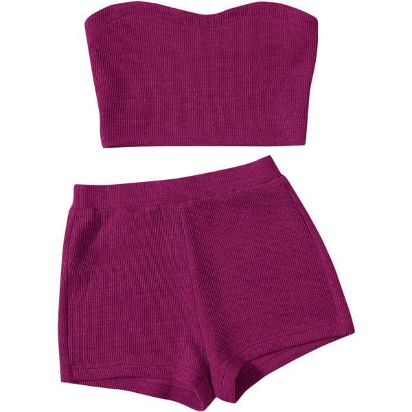 dusa dam 2-delad outfit Ribbad Crop Bandeau Tube Top och Biker Track Shorts Set Red Violet Small