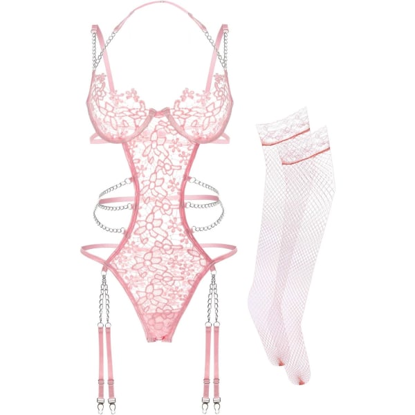 en Lingerie Set Blommig Spets Teddy Strap Chain Babydoll Bodysuit BH och Trosset med Strumpeband Rosa Medium