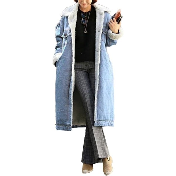 emuho, klassisk lång jeansjacka för damer i plusstorlek, lös långärmad jeansjacka med knäppning, trenchcoat T Ljusblå X-Large