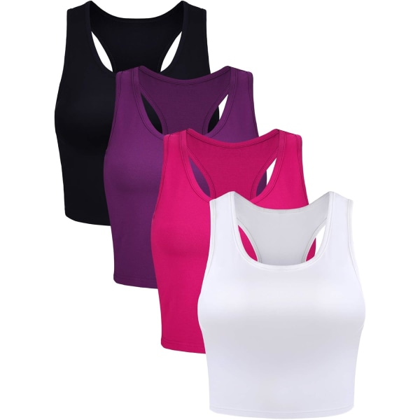 INIOR 4-delads Basic Crop linne ärmlösa Racerback sportlinnen i bomull för kvinnor (svart svart, vit, R liten