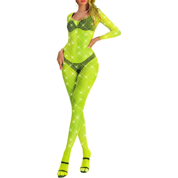 KELF Dam Klassisk Nätstrumpa Bodystocking Lingerie Fest Sparkle Rhinestone Strumpor En Del Fluorescerande Gul En Storlek