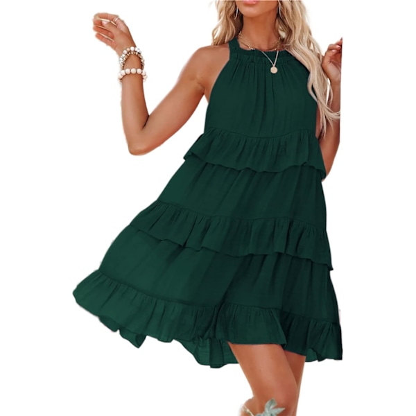 ivimos Dam Sommarklänning Boho Ärmlös Halterneck Skiktad Volang Casual Swing Miniklänning med Ficka Smaragdgrön Medium