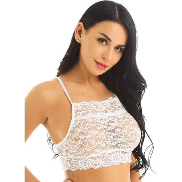SHOW Dam Hög Hals Blommig Spets Bralette Andningsbar Halterneck BH Topp Genomskinlig Bustier Vit Stor