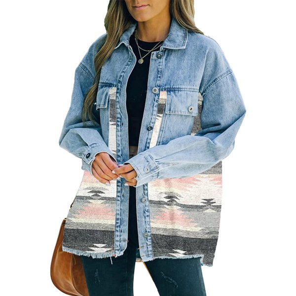 ythe Dam Aztek Shacket Jacka Krage Långärmad Retro Jean Rock Överdimensionerad Western Denim Jacka Rosa Medium