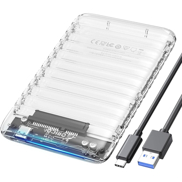 2,5-tums hårddiskkabinett USB C till SATA III 6 Gbps genomskinligt externt hårddiskkabinett för alla 7 mm 9,5 mm 2,5-tums SATA SSD HDD upp till 6 TB, verktygsfritt, stödjer USB 3.2 Gen 2 UASP (2139C3) USB C