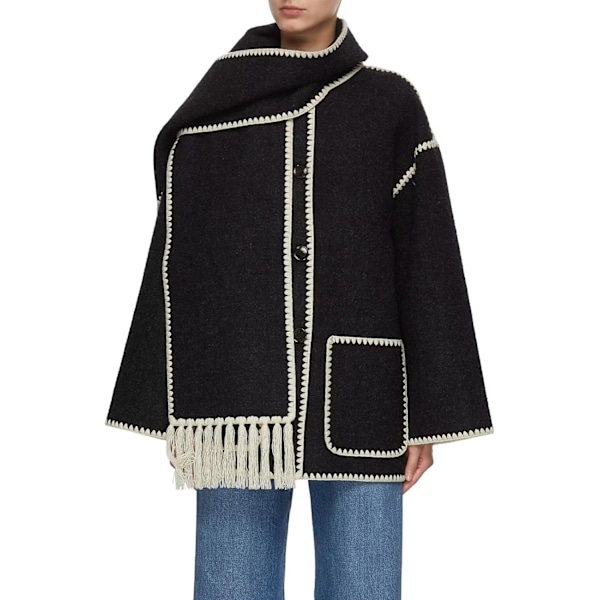 OUG Dam höst och vinter mode kappa casual broderi tofs halsduk lös jacka svart och vit medium