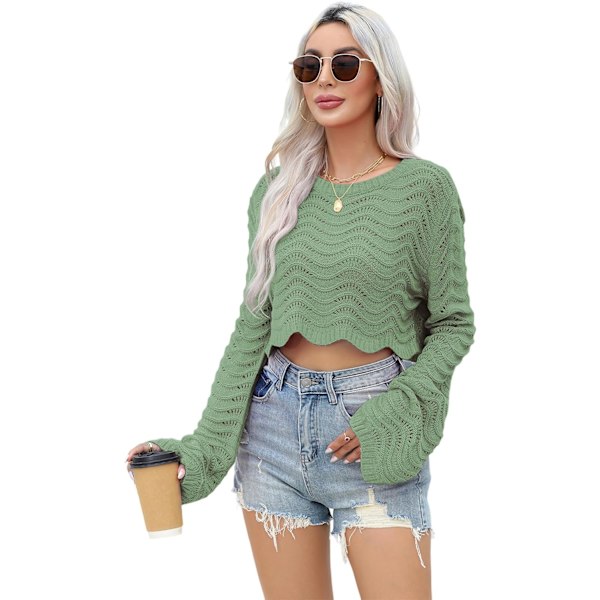 ivimos Dam Cropped Tröja Långärmad Rund Hals Casual Toppar Mode Ihålig Ut Elastisk Lös Stickad Tröja Pullover Grön X-Large