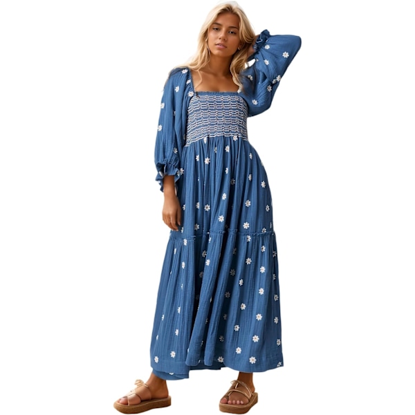 ivimos Dam långärmad bomull Boho Midiklänning Vintage fyrkantig hals Blommig broderad Tiered Ruffle Flowy fickor Dre Mörkblå Liten