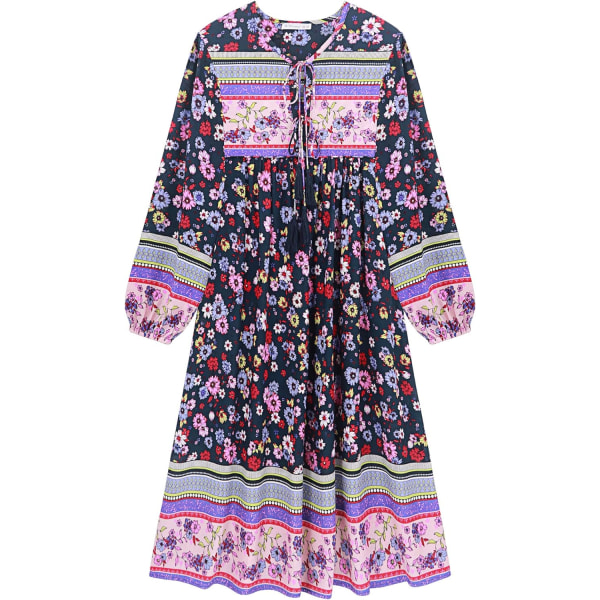 ivimos Dam långärmad blommig tryck retro V-ringad tofs casual bohemisk midiklänningar marinblå#2 X-Small