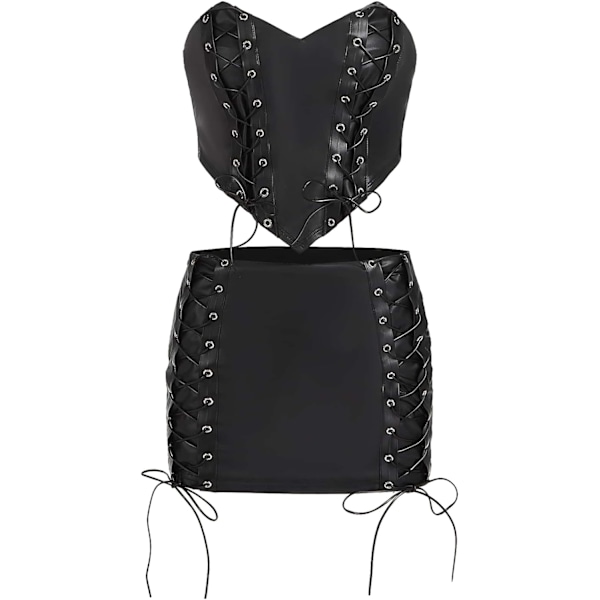 dusa Dam 2-delade outfits i PU-läder med snörning, asymmetrisk crop top och minikjolset, svart, XS
