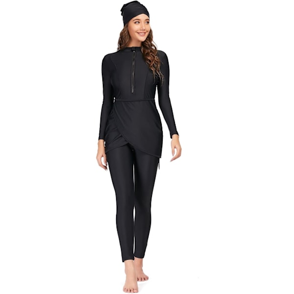 lim Badkläder för kvinnor blygsam baddräkt Burkini topp byxor hijab 3 delar full täckning blommigt tryck badkläder islamisk svart 3X-Large