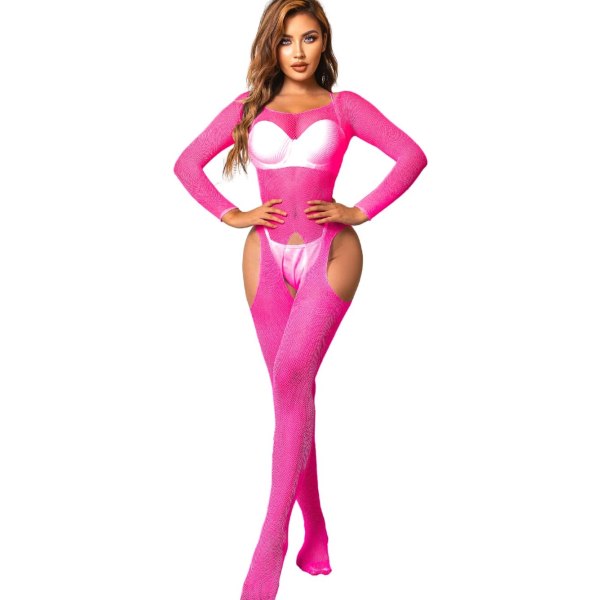 i&Shi Fishnet Bodysuits Backless, Nightout Sexy Bodystocking, Cutout Lingerie Neon Pink