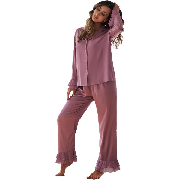 dusa Dam satin krage blus och volang fåll byxor pyjamas set mauve lila X-Small