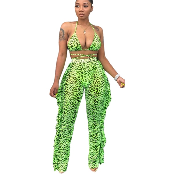 sv Beading Pearl Genomskinlig Sheer Mesh 2 delar Outfits Jumpsuits Crop Top och Hollow Out Ruffle Långbyxor Leopard Grön Medium