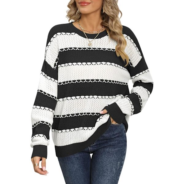 MOON Dam tröja randig 2024 Rundhalsad pullover långärmad söt toppar svart X-Large