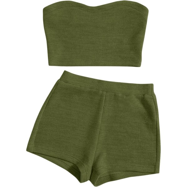 dusa dam 2-delad outfit Ribbad Crop Bandeau Tube Top och Biker Track Shorts Set Army Green Large