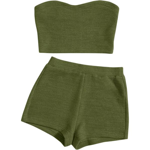 dusa Dam 2-delat set Ribbad Crop Bandeau Tubtopp och Biker Track Shorts Set Army Green X-Small