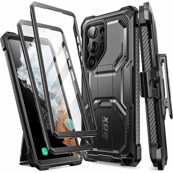 lason Armorbox Designad för Samsung Galaxy S23 Ultra Skal med Stativ & Bältesklämma Holster, [Extra Front Frame] Full-B Svart