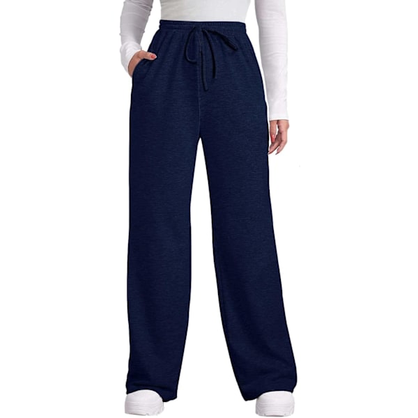 EFAN Dam höstbyxor med fickor vinter elastisk midja sweatpants vida ben dragsko byxor S-XXL marinblå medium