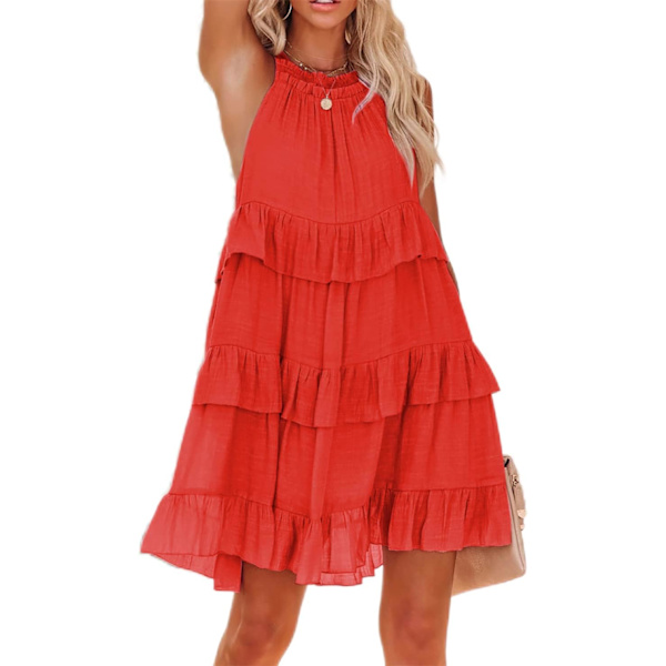 ivimos Sommarklänning Boho Ärmlös Halterneck Lager Ruffle Casual Swing Miniklänning med Ficka Orange Medium