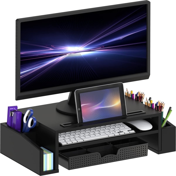 pleHouseware Stativ för datorskärm med skrivbordsorganisator och låda, svart svart