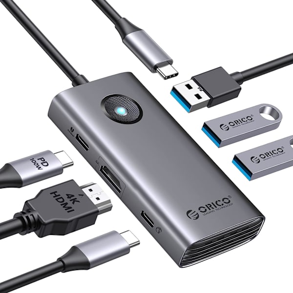 USB C-dockningsstation, 6-i-1 USB C till USB-adapter med 3 USB 3.0-portar, 1 USB-C, HDMI (4K@30Hz), PD100W, USB C Hub Multiport-adapter för MacBook/Dell/